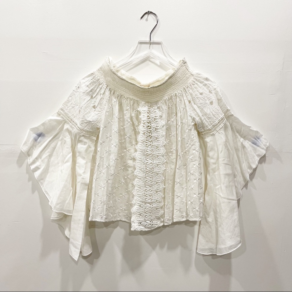 Ramy Brook Embroidered Elsie Off-The-Shoulder Top Semi-Sheer Swim Cover Blouse S